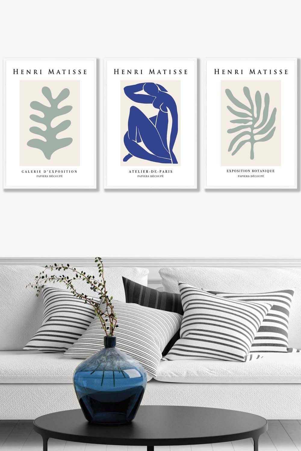 Set of 3 White Framed Matisse Botanical Shapes with Nude in Green & Blue Wall Art